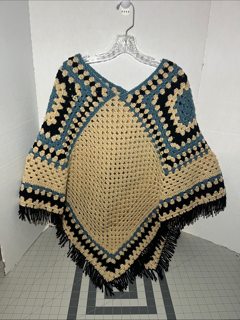 Boho Fringe Crochet Poncho Sweater in Tan, Teal & Black
